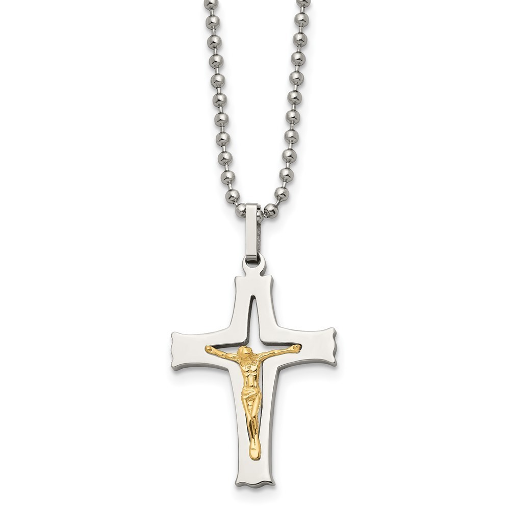 Chisel Stainless Steel 14k Gold Accent Crucifix Charm w 22" Ball Chain Necklace